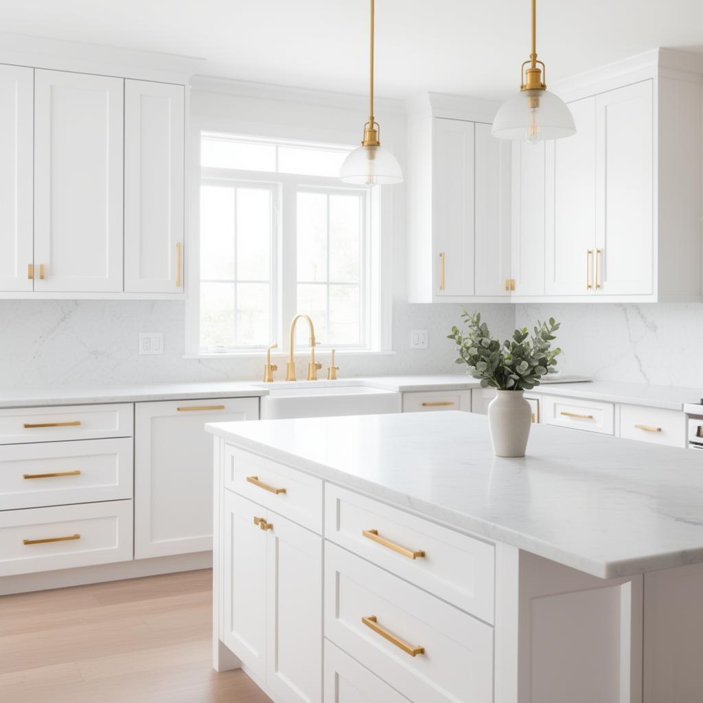 Beautifully painted white kitchen cabinets with gold hardware in Brampton Ontario